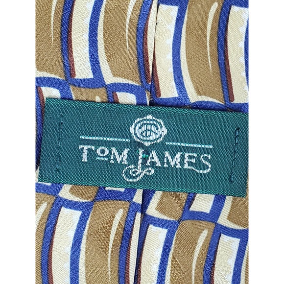 Tom James Silk Neck Tie Geometric Design Gold Blue and Cream 58" - Picture 3 of 6